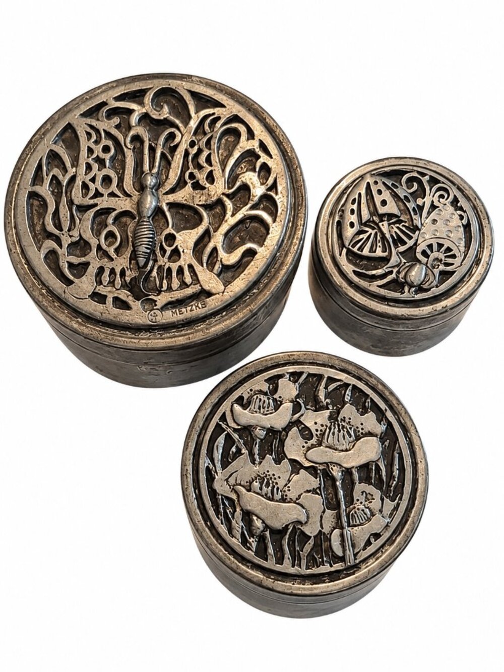 Vintage Metzke Pewter 3-Piece Figural Trinket Tin Box Lot Rustic
